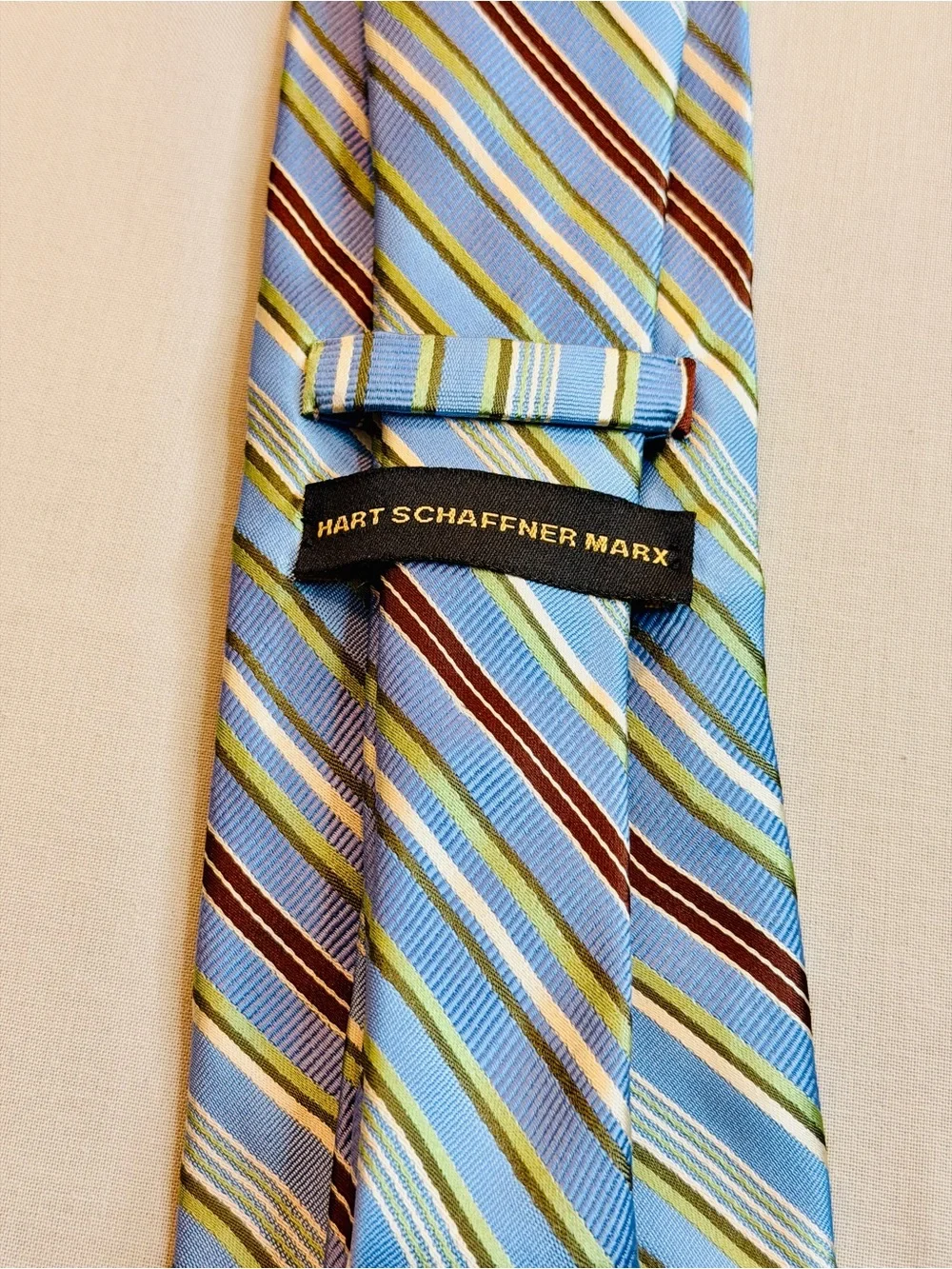Hart Schaffner Marx Light Blue, Navy and Green Striped Silk Tie